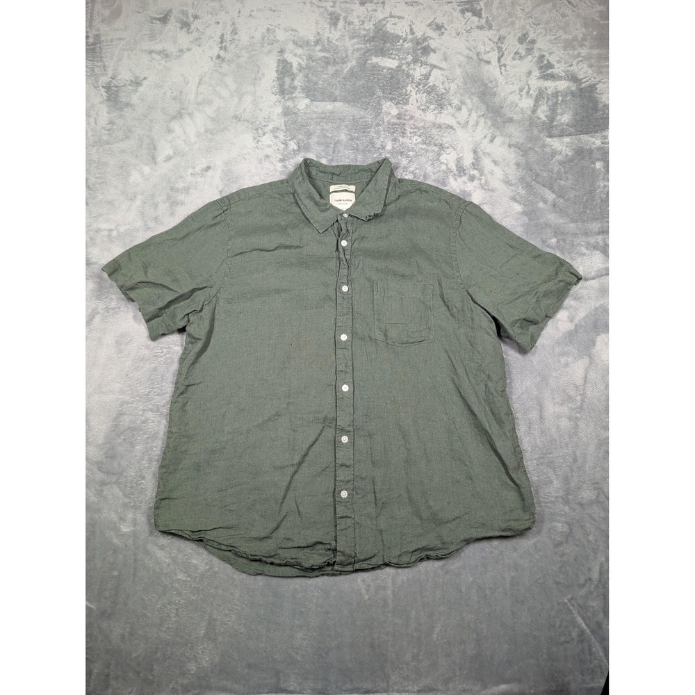 Thom Aaron Shirt Mens 2XL Green Solid Linen Short Sleeve Button Up Casual Summer